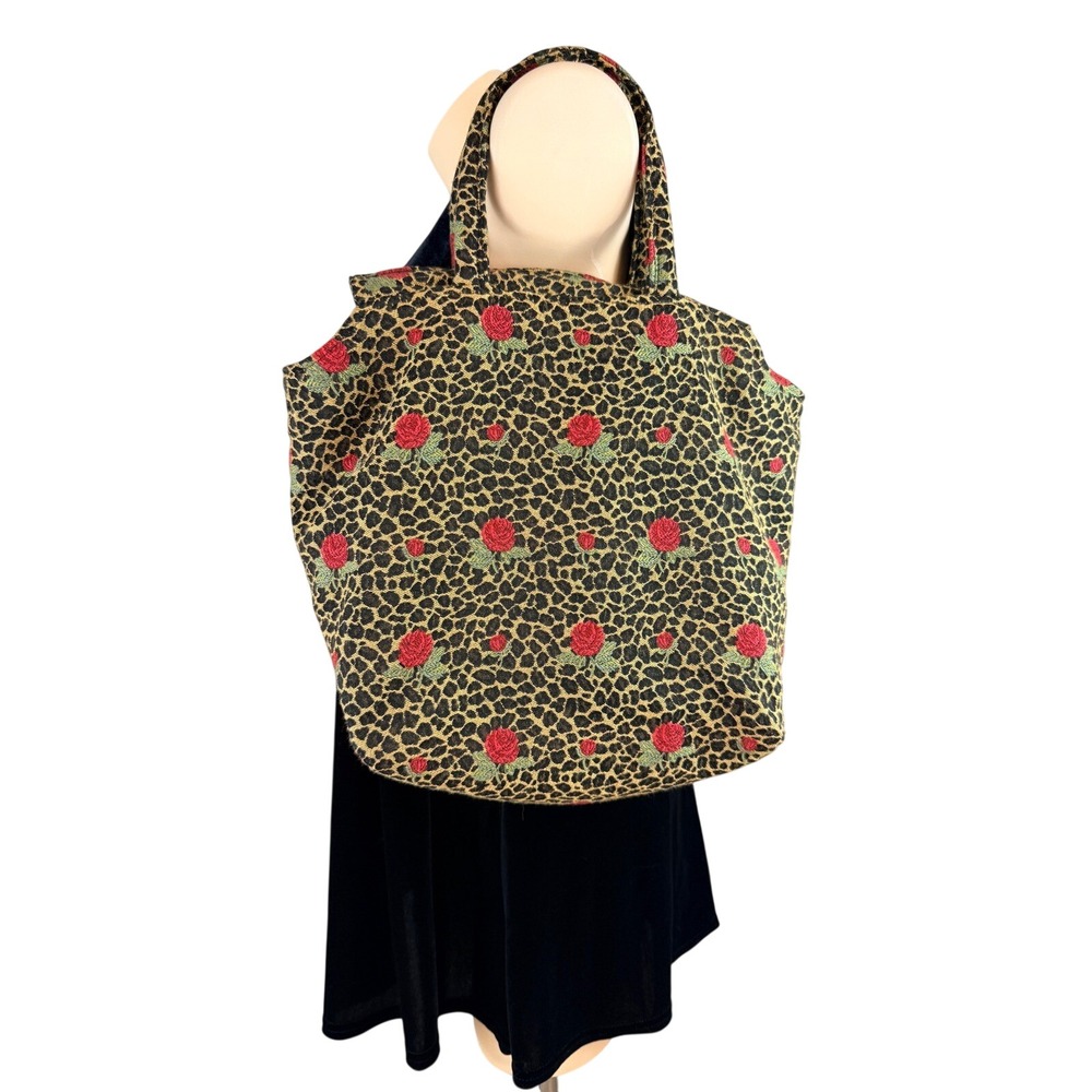 Cind E Original Vtg Leopard Rose Tapestry Tote Bag Animal Print Floral